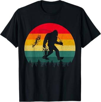 Bigfoot Fishing Adventure Retro Sasquatch Fisherman Vintage T-Shirt