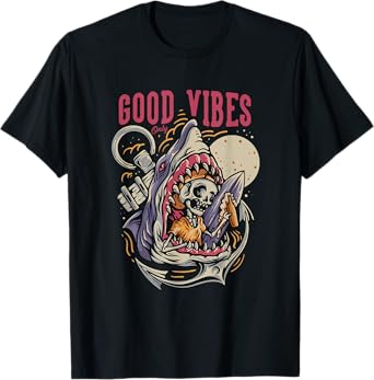 Good Funny Shark Eating Skeleton Surfer Vibes with Beer T-Shirt