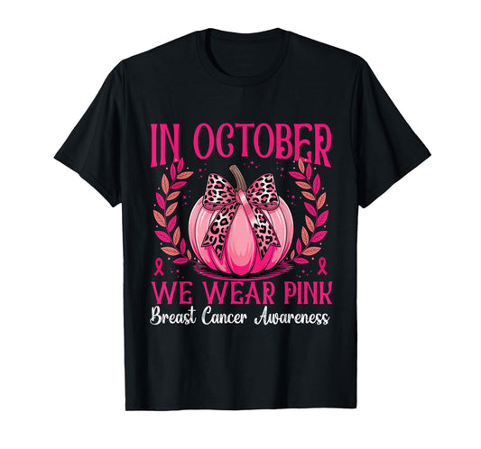 in October We Wear Pink Pumkin Witch Breast Cancer Awareness T-Shirt