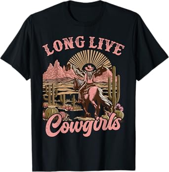 Vintage Western Country Southern Women Girls Gifts Long Live Country Cute Cowgirl Riding Horse Howdy Rodeo T-Shirt