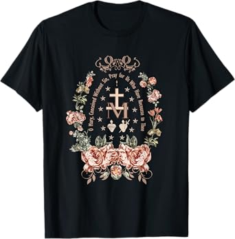 Marian Catholic Virgin Mary Marian Floral Cross Religious T-Shirt