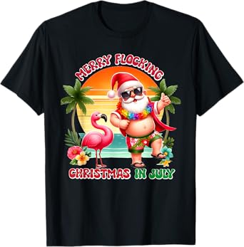 Merry Flocking Christmas In July Flamingo Santa T-Shirt