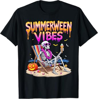 Summerween Skeleton Vibes Halloween Beach Family Vacation T-Shirt