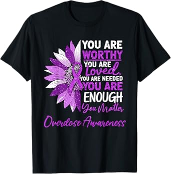 Motivational Overdose Awareness Sunflower Ribbon Purple T-Shirt
