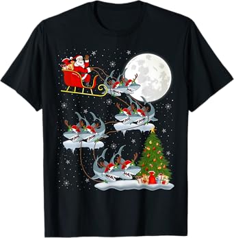 Xmas Lighting Tree Santa Riding Great White Shark Christmas T-Shirt