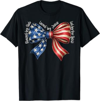 Blessed By God Loved By Jesus American Flag Coquette Bow T-Shirt