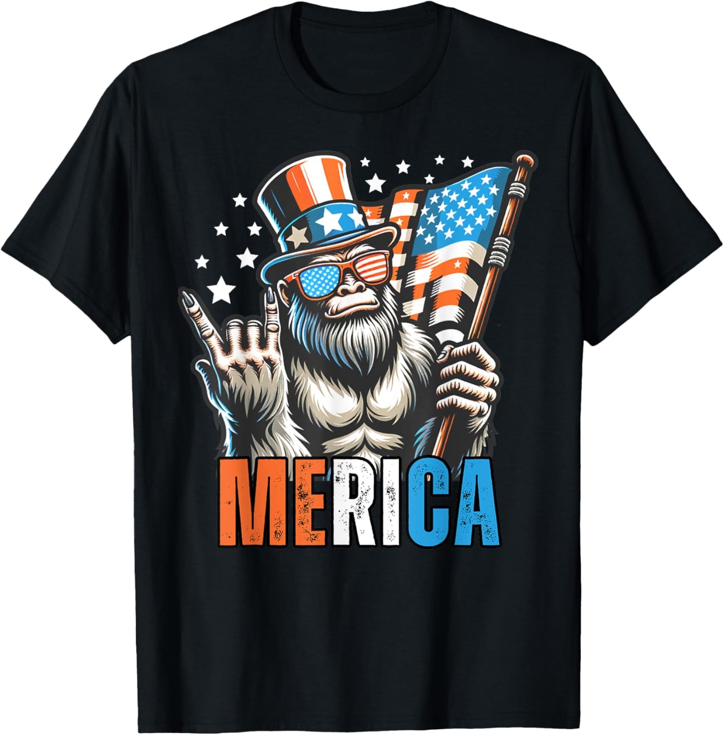 Merica Bigfoot Rocking American Flag 4th Of July Patriotic T-shirt