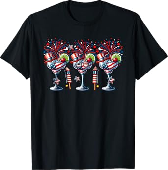 Three Glasses Of Cocktail Funny Drinker Patriotic 4th July Women Men T-Shirt