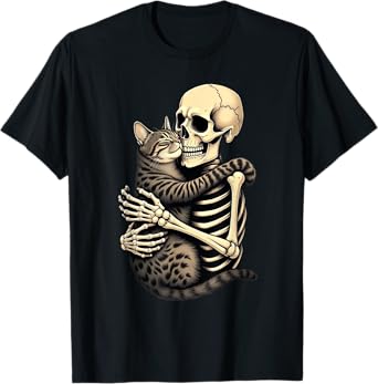Skeleton Hugging Cat Halloween Cat Lover Cat Mom Dad Bruh T-Shirt for Men Women