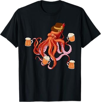 Octopus with Beer German Hat Beer Wurst Funny Oktoberfest T-Shirt