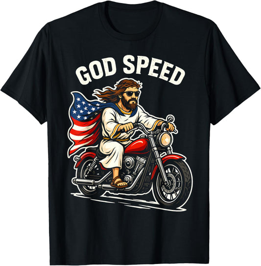 Us Flag Motorcycle Jesus Biker 4th Of July Outfit God Speed T-shirt