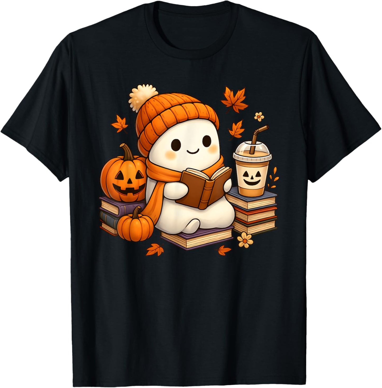 Halloween Ghost Reading Book Lovers Coffee Girl Women T-Shirt