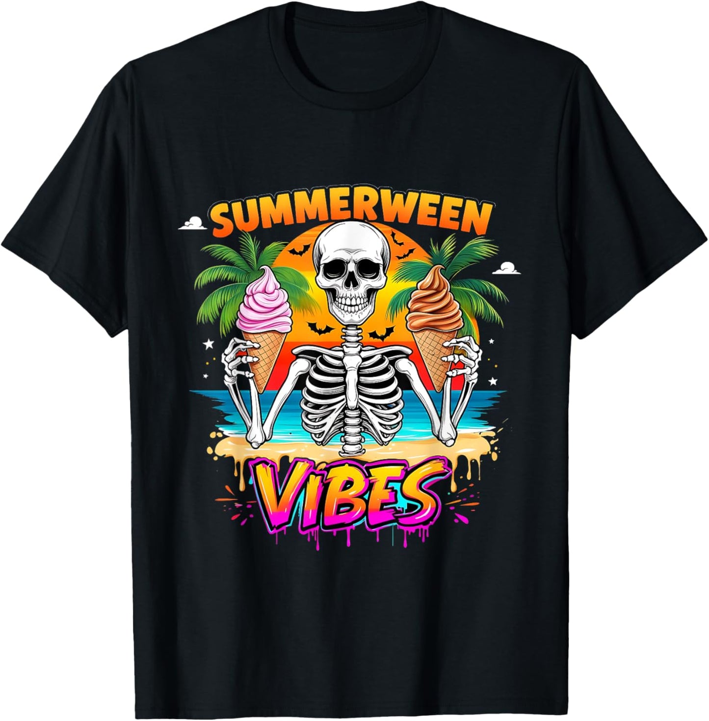 Funny Skeleton Summerween Vibes Floating Pool Ice Cream T-Shirt