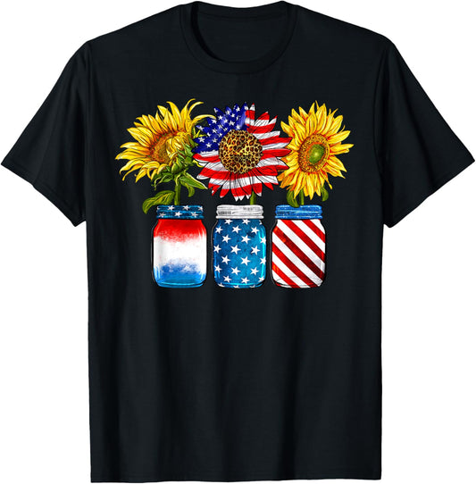 Sunflower American Flag 4th Of July Patriotic Women Men Usa T-shirt
