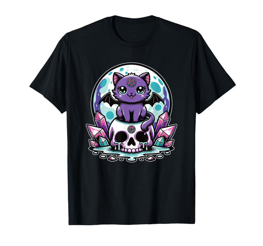 Kawaii Pastel Goth Cute Creepy Cat Bat Skeleton T-Shirt