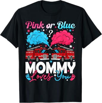 Pink Or Blue Mommy Firefighter Baby Gender Reveal Family T-Shirt