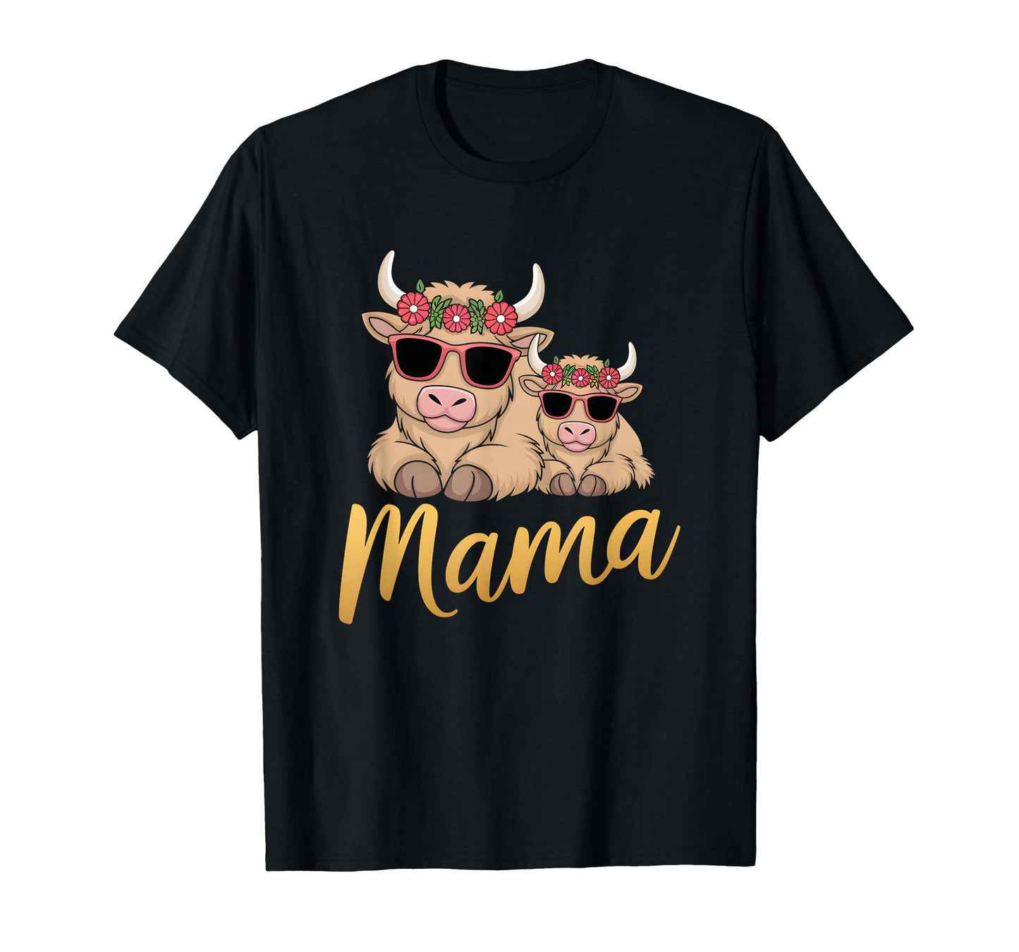 Mama Highland Cow With Baby Calf Mothers Day Family Floral T-Shirt