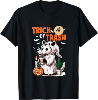 Trick Or Treat Joke Trash Halloween Opossum Drinking Beer T-Shirt