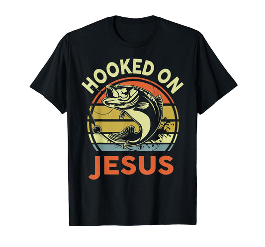 Hooked on Jesus Dad Fishing Gift Funny Fishing Christian T-Shirt