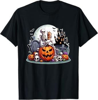 Horror Skeleton Drinking Coffee On Carved Pumpkins Halloween T-Shirt