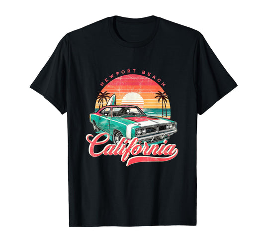Classic Muscle Car Retro Newport Beach California Surfer Sun T-Shirt