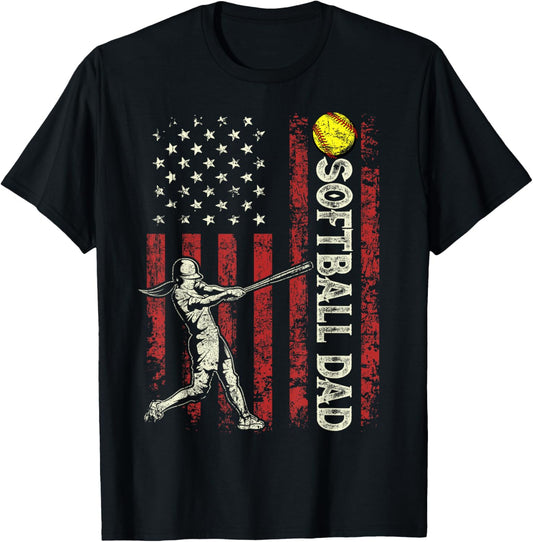 Softball Dad US Flag Gifts For Dad Men Patriotic Fathers Day T-Shirt