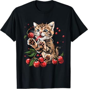 Cherry Cat Cherries Fruits Watercolor Animal Art Motif T-Shirt