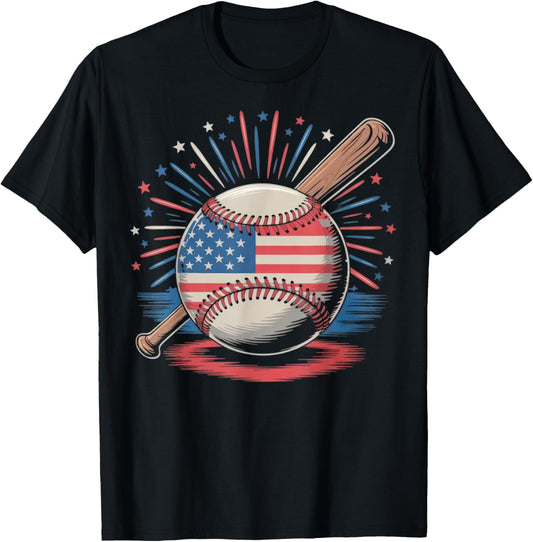 Baseball American Flag Bat 4th Of July Patriotic Men Boys T-shirt