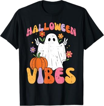 Halloween Vibes Ghost Peace Costume Groovy Women Girls Kids T-Shirt