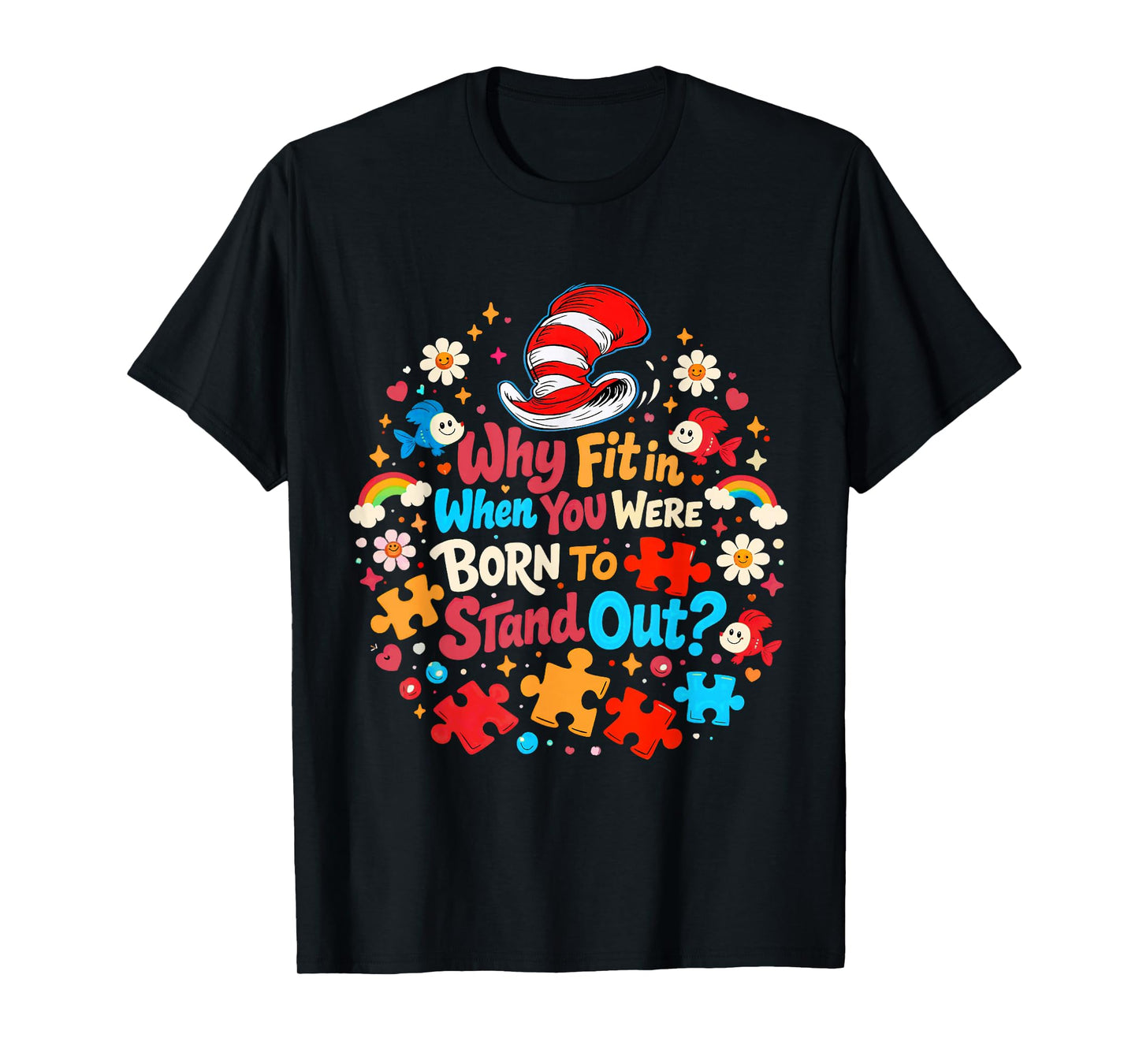 Why Fit in Autism Awareness for Teacher Doctor Cat Hat Cool T-Shirt - T-Shirt | Black