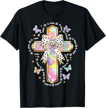 HUG.Artist Tees for Easter Day Unisex-Adults & Kids Christian Religious T-Shirt He Is Risen Easter Floral Cross Jesus T-Shirt Black Small
