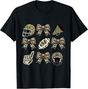 Camo Football Coquette Bow Football Mom Game Day Girls Women T-Shirt