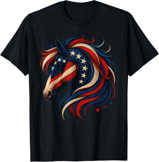 Patriotic Horse Graphic 4th of July American Flag Fireworks T-Shirt