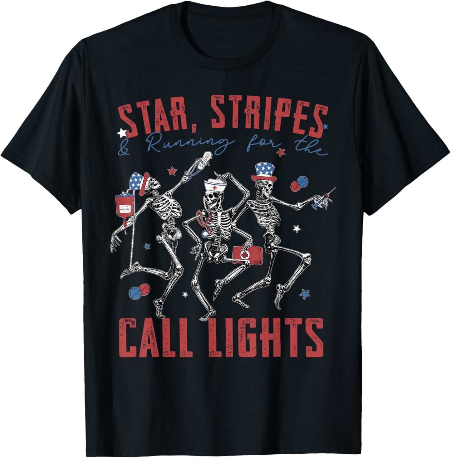 Star Stripes & Running For The Call Lights Dancing Skeleton T-shirt