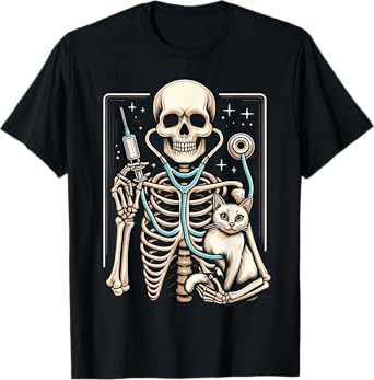 Skeleton Hug Cat Vet Tech Veterinarian Veterinary Halloween T-Shirt