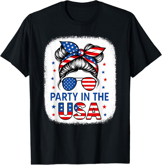 Party In Usa Girls 4th Of July Shirt Daughter Messy Bun Usa T-shirt
