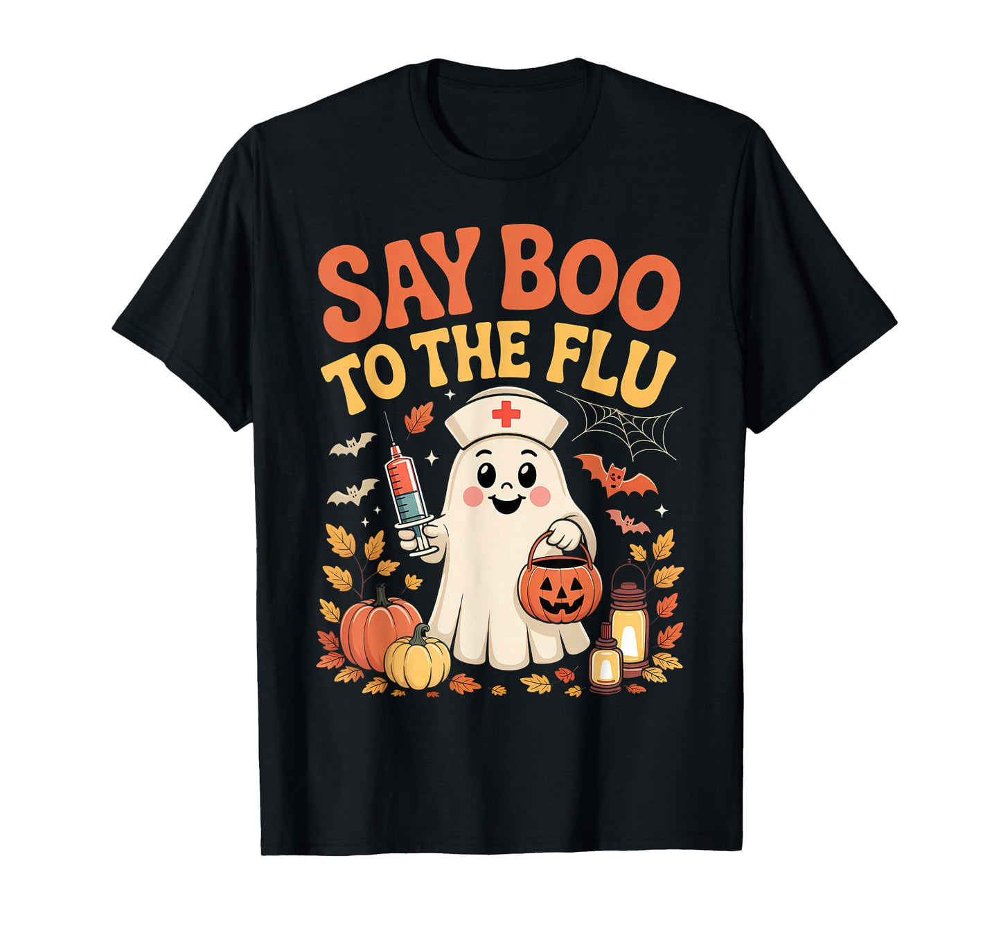 Funny Retro Nurse Ghost Halloween Vaccine Say Boo to The Flu T-Shirt