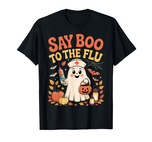 Funny Retro Nurse Ghost Halloween Vaccine Say Boo to The Flu T-Shirt