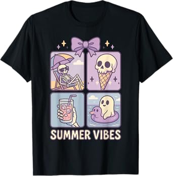 Summer Vibes Skeleton Ice Cream Funny Summerween T-Shirt