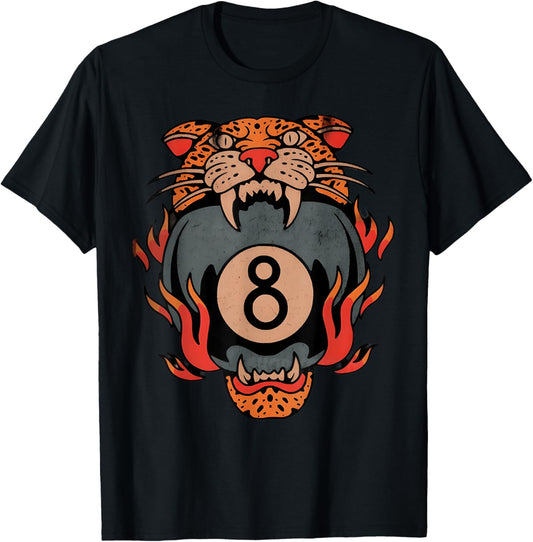 Vintage Tiger 8 Ball Flame Tattoo Lucky Leopard Traditional T-Shirt