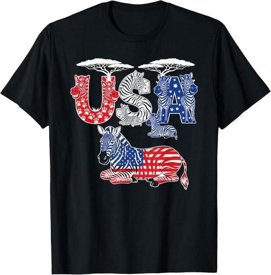 Funny Zebra American Usa Flag 4th Of July Womens Mens Kids T-shirt