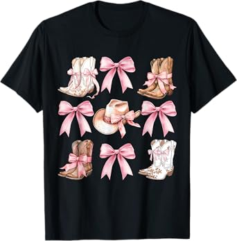 Coquette Cowgirl Boots With Pink Bows Aesthetic Y2K Womens T-Shirt