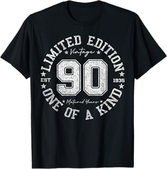 Retro One Of a Kind Shirts For Men Women 2025 90 Year Old Gifts Vintage 1935 Limited Edition Unisex-Adult 90th Birthday T-Shirt Black Small Crew Neck Short Sleeve Letter Print T-Shirt