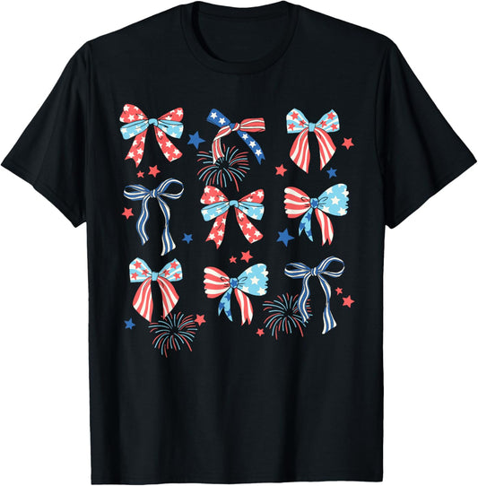 Red White And Blue American Coquette Bows Funny 4th Of July T-Shirt