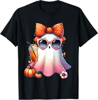 Cute Ghost Drinking Coffee With Halloween Bow Women Girls T-Shirt