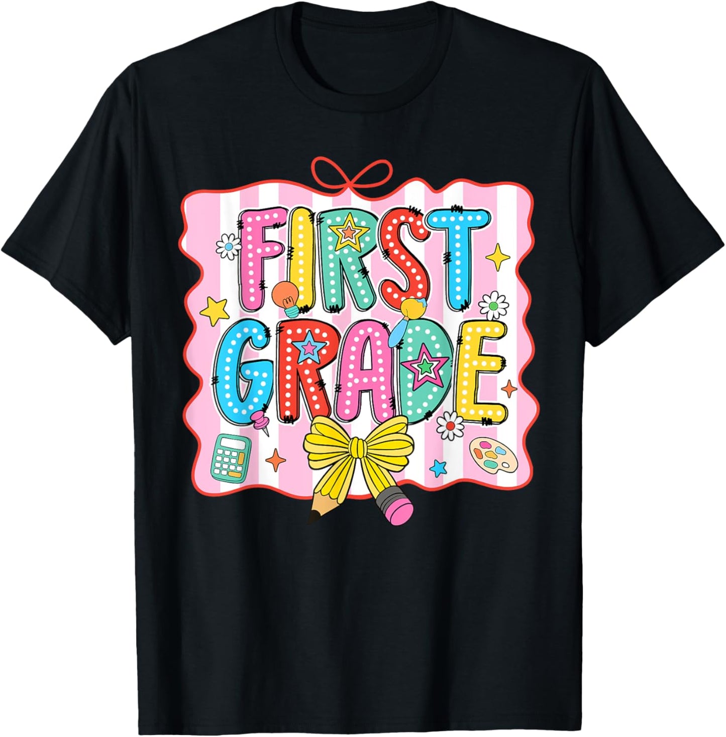 First Grade Pencil Bow Teacher Girl Back To School Tee | TeeBrew