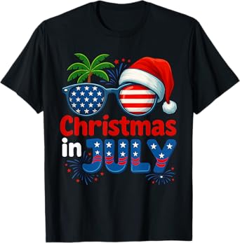 Christmas In July Summer Beach Hawaii Santa USA Flag Mens T-Shirt