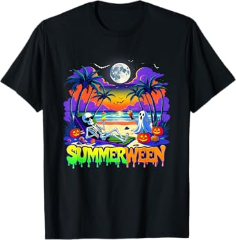 Summerween Skeleton Ghost Beach Funny Spooky Halloween T-Shirt