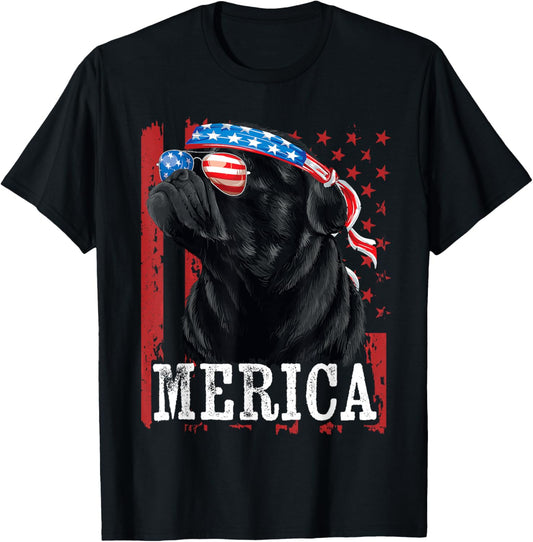 Funny Black Pug 4th of July Dog Mom Dog Dad Merica USA Flag T-Shirt