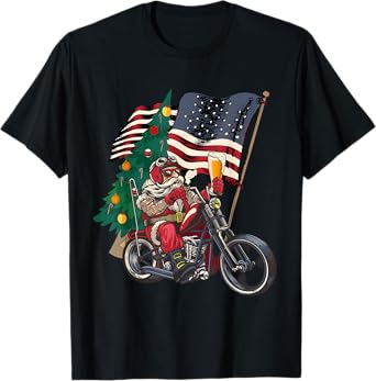 Santa Riding Motorcycle on Christmas - Biker US Flag T-Shirt